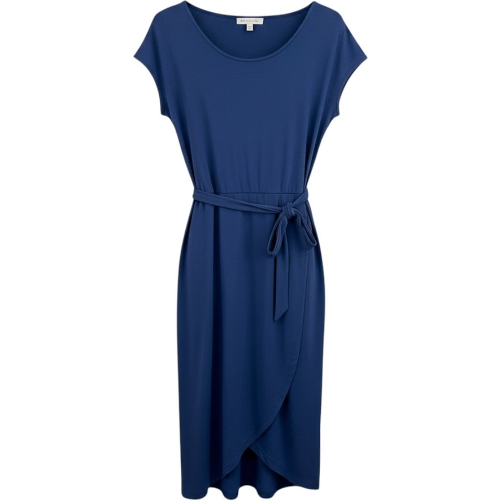 Serra Womens XL Navy Blue Faux Wrap Midi Dress Short SleeveBelted Stretch Jersey
